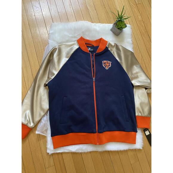 Chicago Bears Varsity Bomber Jacket with Gold Sleeves - Picture 1 of 5